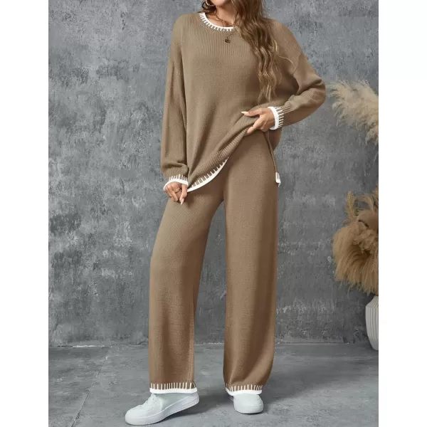 imageZESICA Womens 2024 Fall 2 Piece Outfits Sweater Sets Long Sleeve Pullover Tops Wide Leg Pants Lounge SetKhaki