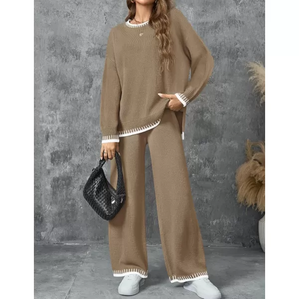 imageZESICA Womens 2024 Fall 2 Piece Outfits Sweater Sets Long Sleeve Pullover Tops Wide Leg Pants Lounge SetKhaki