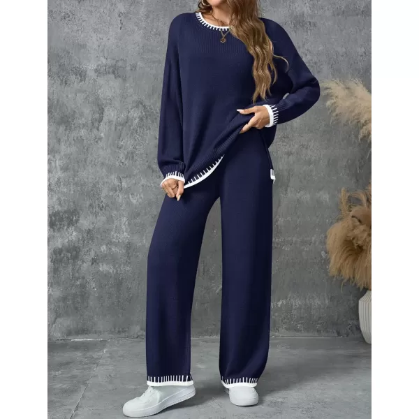 imageZESICA Womens 2024 Fall 2 Piece Outfits Sweater Sets Long Sleeve Pullover Tops Wide Leg Pants Lounge SetNavy