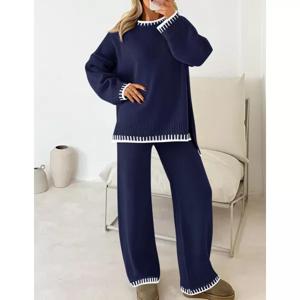imageZESICA Womens 2024 Fall 2 Piece Outfits Sweater Sets Long Sleeve Pullover Tops Wide Leg Pants Lounge SetNavy