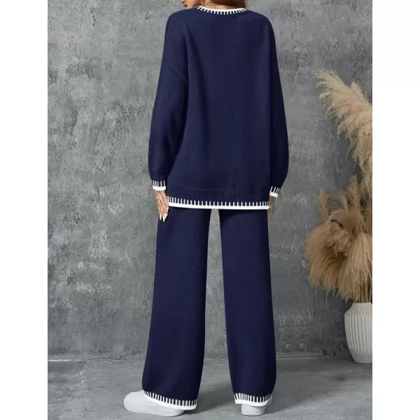 imageZESICA Womens 2024 Fall 2 Piece Outfits Sweater Sets Long Sleeve Pullover Tops Wide Leg Pants Lounge SetNavy