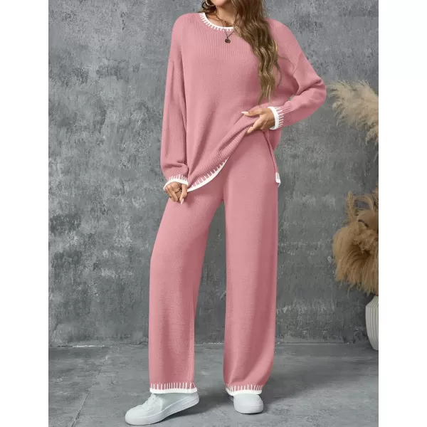 imageZESICA Womens 2024 Fall 2 Piece Outfits Sweater Sets Long Sleeve Pullover Tops Wide Leg Pants Lounge SetPink