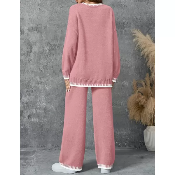 imageZESICA Womens 2024 Fall 2 Piece Outfits Sweater Sets Long Sleeve Pullover Tops Wide Leg Pants Lounge SetPink