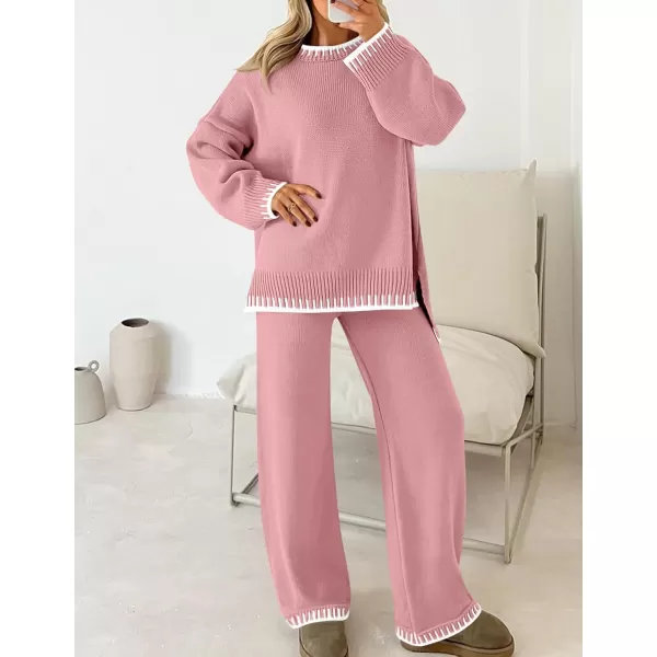 imageZESICA Womens 2024 Fall 2 Piece Outfits Sweater Sets Long Sleeve Pullover Tops Wide Leg Pants Lounge SetPink