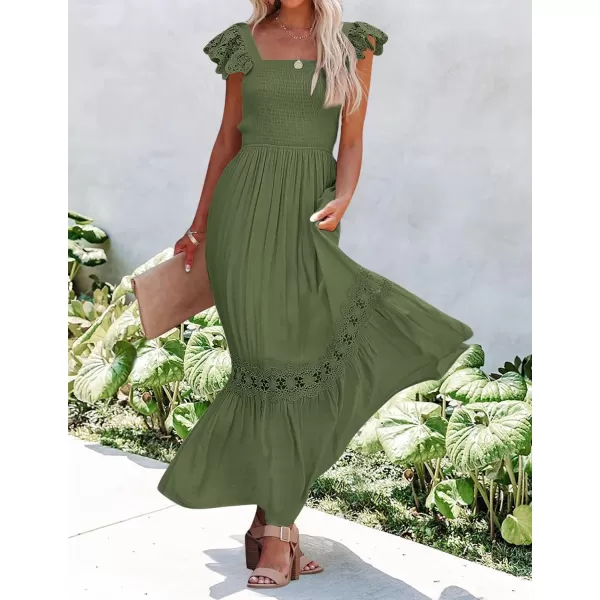 imageZESICA Womens 2024 Summer Lace Strap Sleeveless Square Neck Smocked High Waist Ruffle Hollow Out Flowy A Line Maxi DressArmygreen