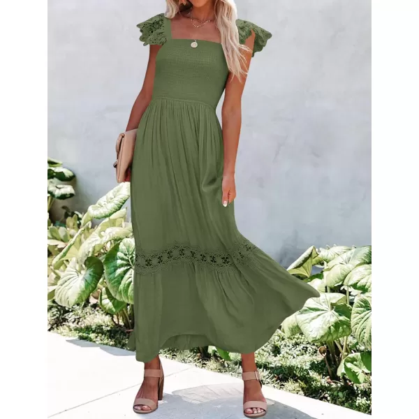 imageZESICA Womens 2024 Summer Lace Strap Sleeveless Square Neck Smocked High Waist Ruffle Hollow Out Flowy A Line Maxi DressArmygreen