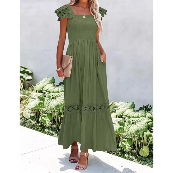 imageZESICA Womens 2024 Summer Lace Strap Sleeveless Square Neck Smocked High Waist Ruffle Hollow Out Flowy A Line Maxi DressArmygreen