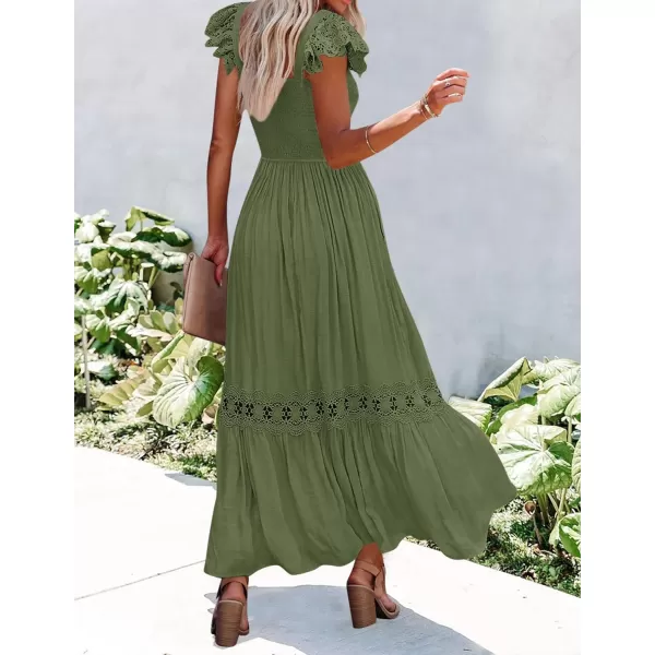 imageZESICA Womens 2024 Summer Lace Strap Sleeveless Square Neck Smocked High Waist Ruffle Hollow Out Flowy A Line Maxi DressArmygreen