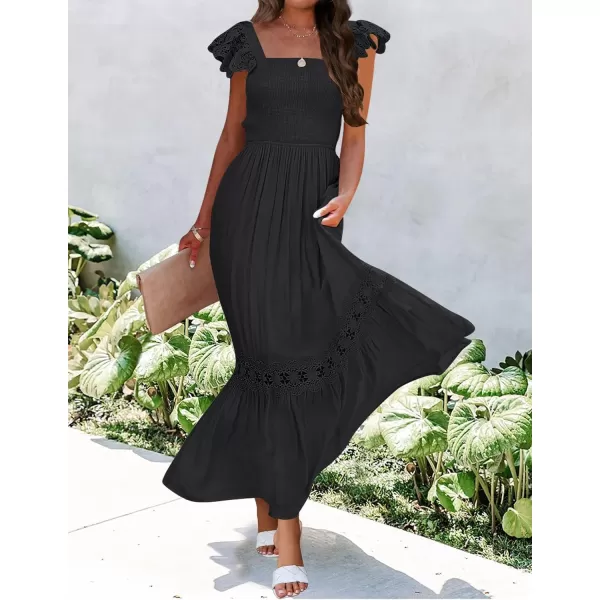 imageZESICA Womens 2024 Summer Lace Strap Sleeveless Square Neck Smocked High Waist Ruffle Hollow Out Flowy A Line Maxi DressBlack