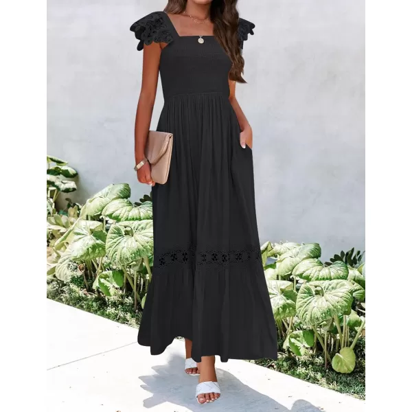 imageZESICA Womens 2024 Summer Lace Strap Sleeveless Square Neck Smocked High Waist Ruffle Hollow Out Flowy A Line Maxi DressBlack