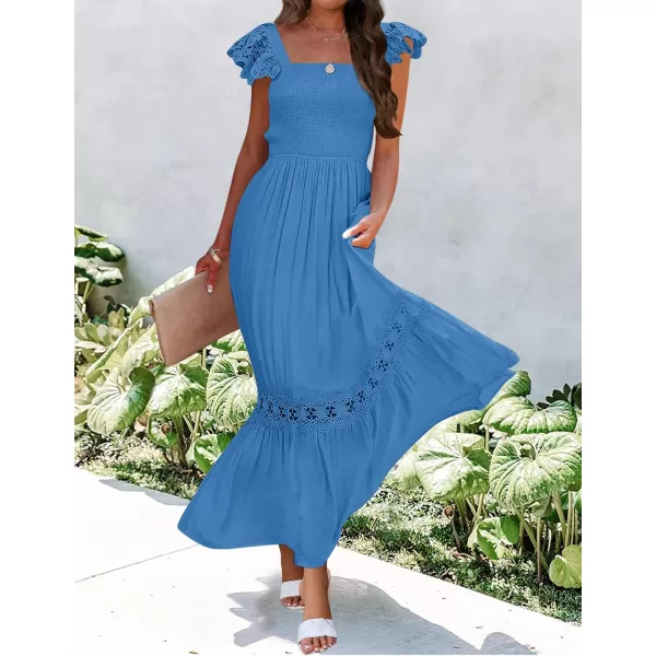 imageZESICA Womens 2024 Summer Lace Strap Sleeveless Square Neck Smocked High Waist Ruffle Hollow Out Flowy A Line Maxi DressCobaltblue
