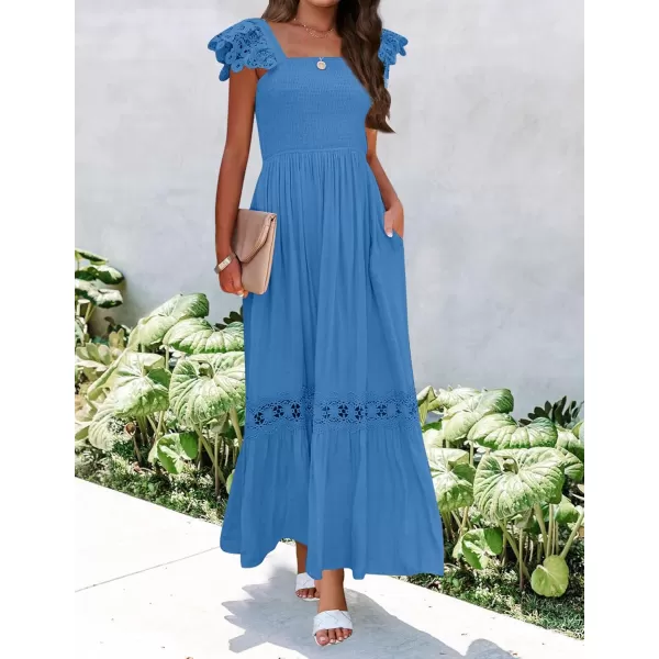 imageZESICA Womens 2024 Summer Lace Strap Sleeveless Square Neck Smocked High Waist Ruffle Hollow Out Flowy A Line Maxi DressCobaltblue