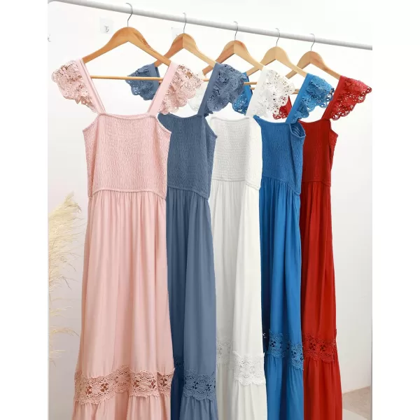 imageZESICA Womens 2024 Summer Lace Strap Sleeveless Square Neck Smocked High Waist Ruffle Hollow Out Flowy A Line Maxi DressCobaltblue