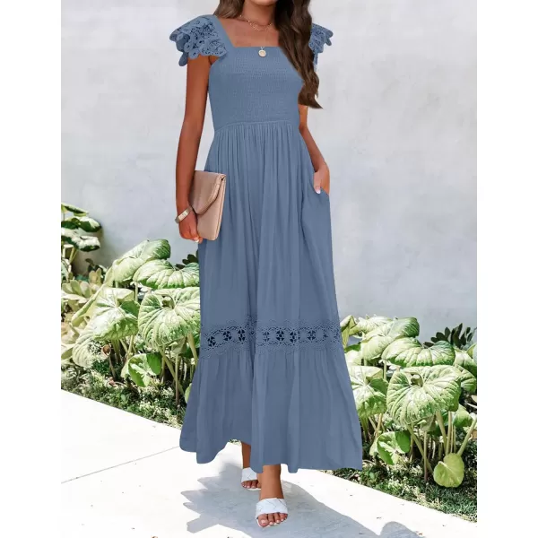 imageZESICA Womens 2024 Summer Lace Strap Sleeveless Square Neck Smocked High Waist Ruffle Hollow Out Flowy A Line Maxi DressDustyblue