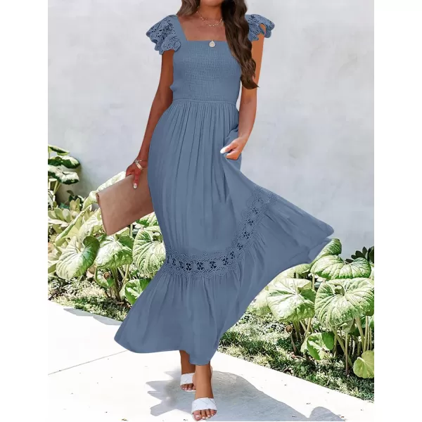 imageZESICA Womens 2024 Summer Lace Strap Sleeveless Square Neck Smocked High Waist Ruffle Hollow Out Flowy A Line Maxi DressDustyblue
