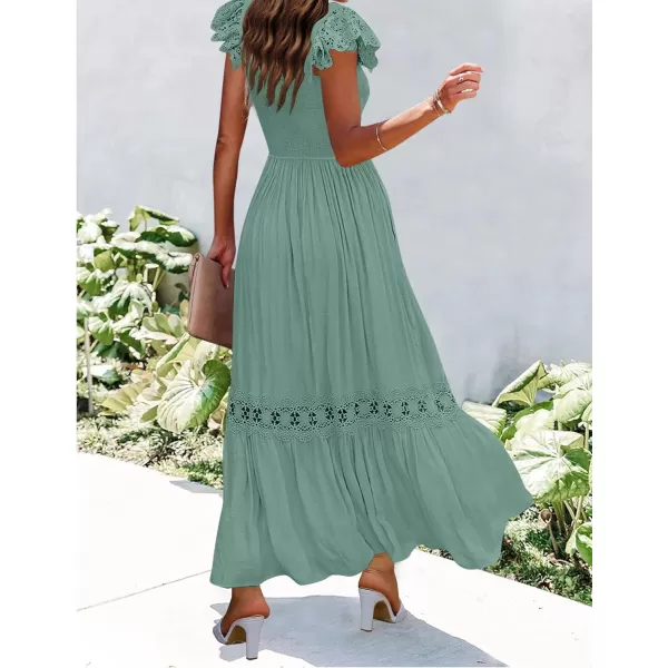 imageZESICA Womens 2024 Summer Lace Strap Sleeveless Square Neck Smocked High Waist Ruffle Hollow Out Flowy A Line Maxi DressGreen