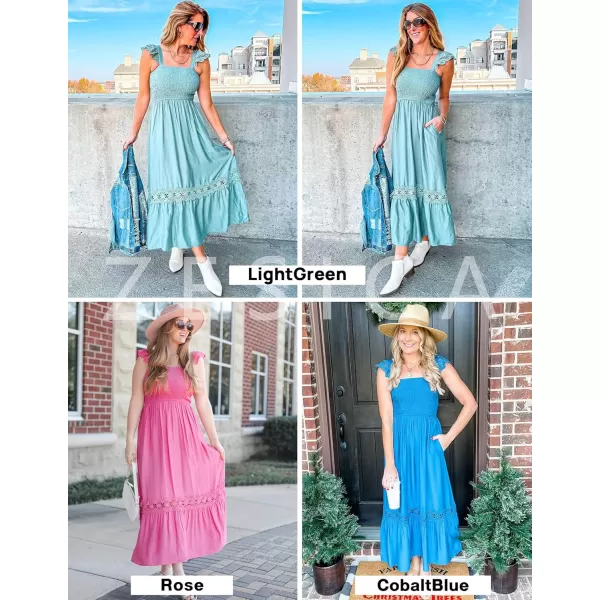 imageZESICA Womens 2024 Summer Lace Strap Sleeveless Square Neck Smocked High Waist Ruffle Hollow Out Flowy A Line Maxi DressGreen