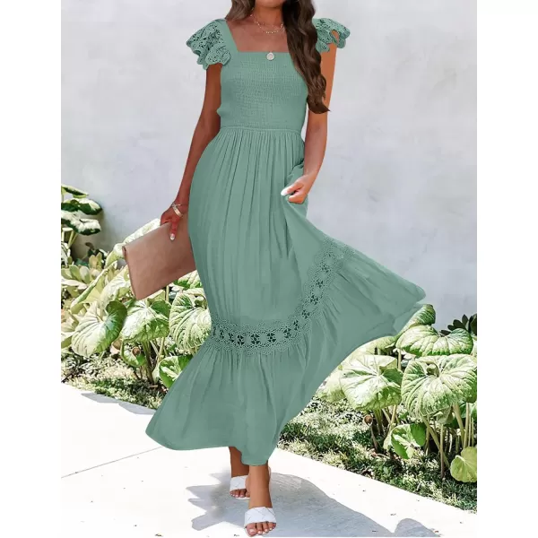 imageZESICA Womens 2024 Summer Lace Strap Sleeveless Square Neck Smocked High Waist Ruffle Hollow Out Flowy A Line Maxi DressGreen