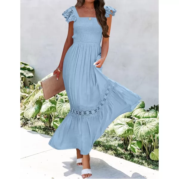 imageZESICA Womens 2024 Summer Lace Strap Sleeveless Square Neck Smocked High Waist Ruffle Hollow Out Flowy A Line Maxi DressLightblue