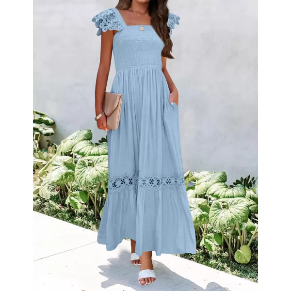 imageZESICA Womens 2024 Summer Lace Strap Sleeveless Square Neck Smocked High Waist Ruffle Hollow Out Flowy A Line Maxi DressLightblue