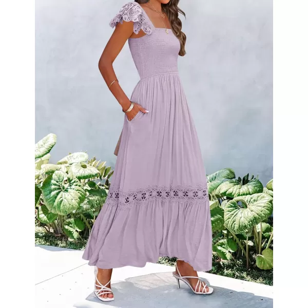 imageZESICA Womens 2024 Summer Lace Strap Sleeveless Square Neck Smocked High Waist Ruffle Hollow Out Flowy A Line Maxi DressLightpurple