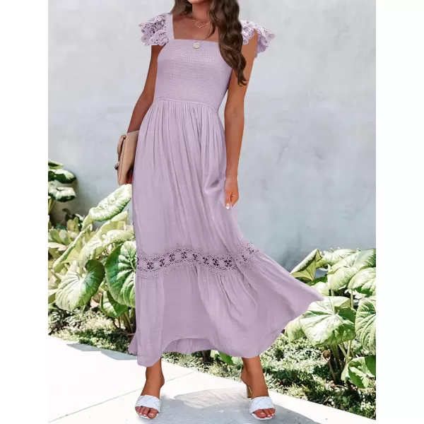 imageZESICA Womens 2024 Summer Lace Strap Sleeveless Square Neck Smocked High Waist Ruffle Hollow Out Flowy A Line Maxi DressLightpurple