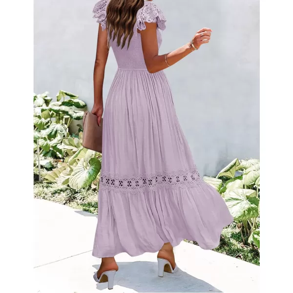 imageZESICA Womens 2024 Summer Lace Strap Sleeveless Square Neck Smocked High Waist Ruffle Hollow Out Flowy A Line Maxi DressLightpurple