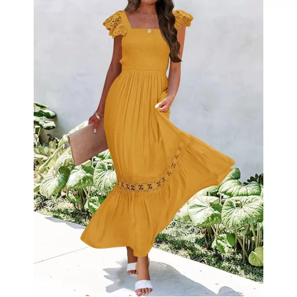 imageZESICA Womens 2024 Summer Lace Strap Sleeveless Square Neck Smocked High Waist Ruffle Hollow Out Flowy A Line Maxi DressMustard