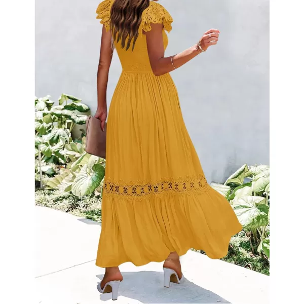 imageZESICA Womens 2024 Summer Lace Strap Sleeveless Square Neck Smocked High Waist Ruffle Hollow Out Flowy A Line Maxi DressMustard