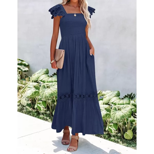 imageZESICA Womens 2024 Summer Lace Strap Sleeveless Square Neck Smocked High Waist Ruffle Hollow Out Flowy A Line Maxi DressNavy