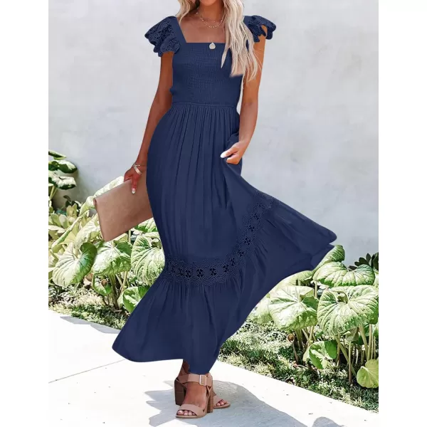 imageZESICA Womens 2024 Summer Lace Strap Sleeveless Square Neck Smocked High Waist Ruffle Hollow Out Flowy A Line Maxi DressNavy
