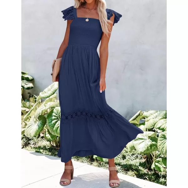 imageZESICA Womens 2024 Summer Lace Strap Sleeveless Square Neck Smocked High Waist Ruffle Hollow Out Flowy A Line Maxi DressNavy