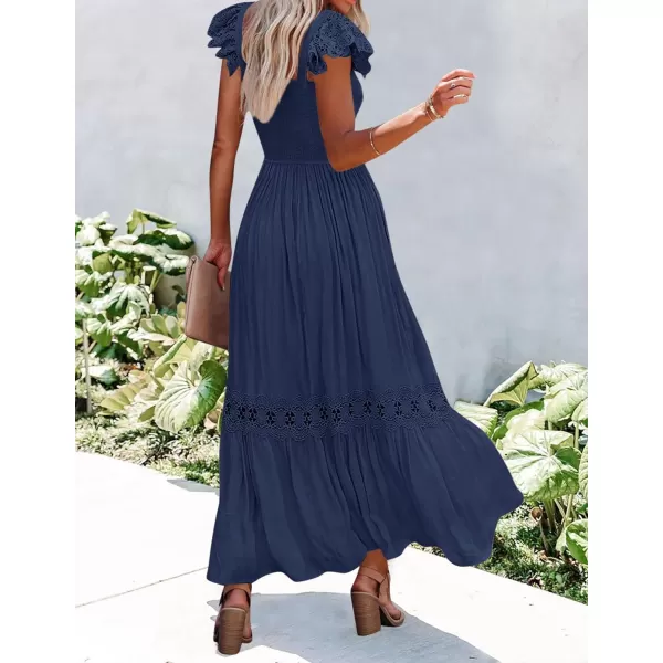 imageZESICA Womens 2024 Summer Lace Strap Sleeveless Square Neck Smocked High Waist Ruffle Hollow Out Flowy A Line Maxi DressNavy