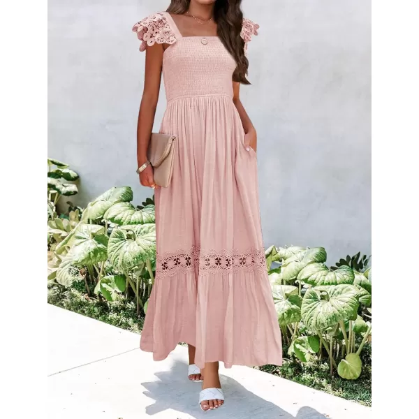 imageZESICA Womens 2024 Summer Lace Strap Sleeveless Square Neck Smocked High Waist Ruffle Hollow Out Flowy A Line Maxi DressPink