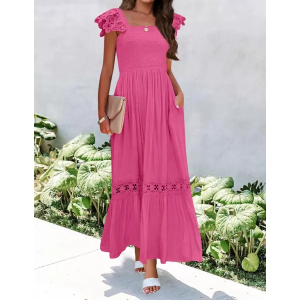 imageZESICA Womens 2024 Summer Lace Strap Sleeveless Square Neck Smocked High Waist Ruffle Hollow Out Flowy A Line Maxi DressRose