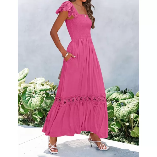 imageZESICA Womens 2024 Summer Lace Strap Sleeveless Square Neck Smocked High Waist Ruffle Hollow Out Flowy A Line Maxi DressRose