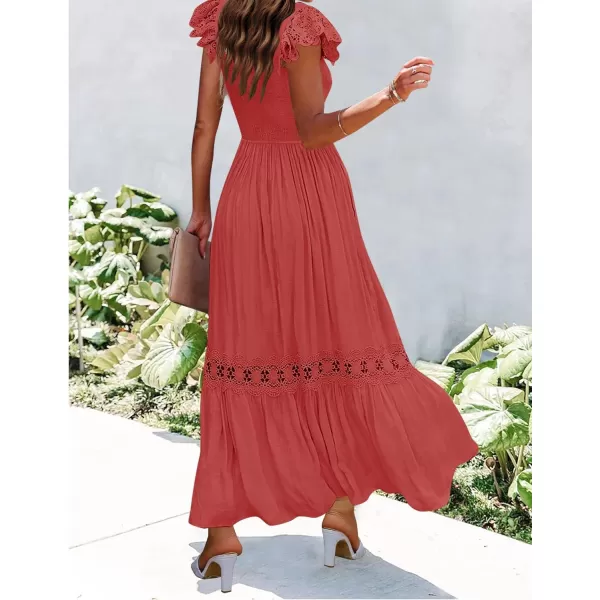imageZESICA Womens 2024 Summer Lace Strap Sleeveless Square Neck Smocked High Waist Ruffle Hollow Out Flowy A Line Maxi DressRust