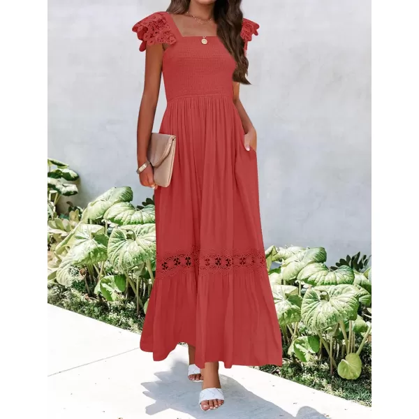 imageZESICA Womens 2024 Summer Lace Strap Sleeveless Square Neck Smocked High Waist Ruffle Hollow Out Flowy A Line Maxi DressRust
