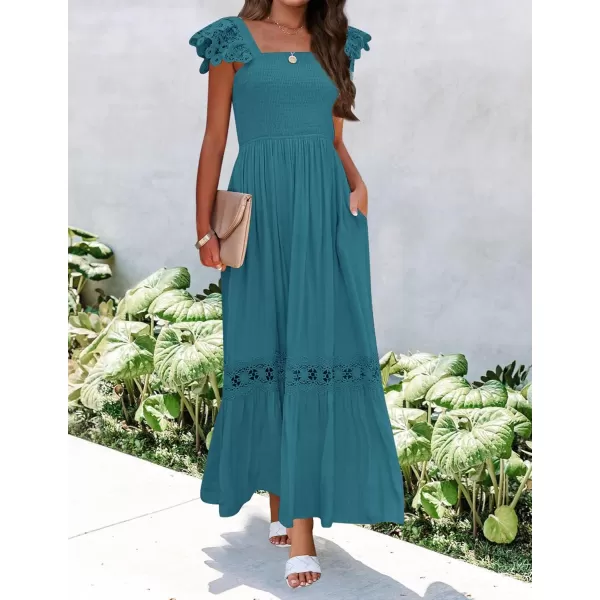 imageZESICA Womens 2024 Summer Lace Strap Sleeveless Square Neck Smocked High Waist Ruffle Hollow Out Flowy A Line Maxi DressTeal