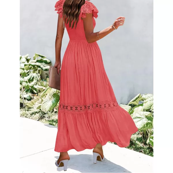 imageZESICA Womens 2024 Summer Lace Strap Sleeveless Square Neck Smocked High Waist Ruffle Hollow Out Flowy A Line Maxi DressWatermelon