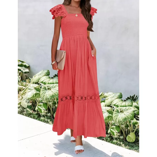 imageZESICA Womens 2024 Summer Lace Strap Sleeveless Square Neck Smocked High Waist Ruffle Hollow Out Flowy A Line Maxi DressWatermelon