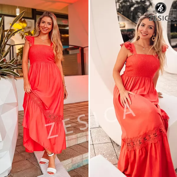 imageZESICA Womens 2024 Summer Lace Strap Sleeveless Square Neck Smocked High Waist Ruffle Hollow Out Flowy A Line Maxi DressWatermelon