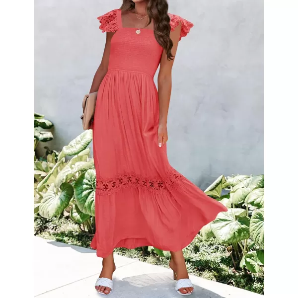 imageZESICA Womens 2024 Summer Lace Strap Sleeveless Square Neck Smocked High Waist Ruffle Hollow Out Flowy A Line Maxi DressWatermelon