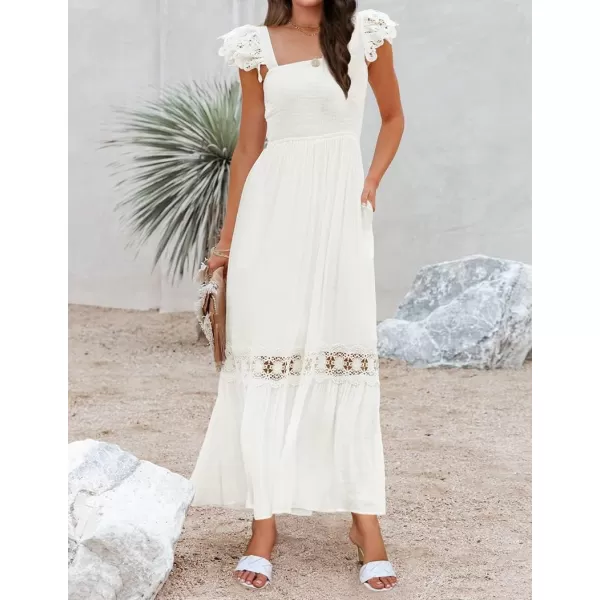 imageZESICA Womens 2024 Summer Lace Strap Sleeveless Square Neck Smocked High Waist Ruffle Hollow Out Flowy A Line Maxi DressWhite