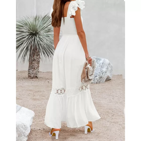 imageZESICA Womens 2024 Summer Lace Strap Sleeveless Square Neck Smocked High Waist Ruffle Hollow Out Flowy A Line Maxi DressWhite