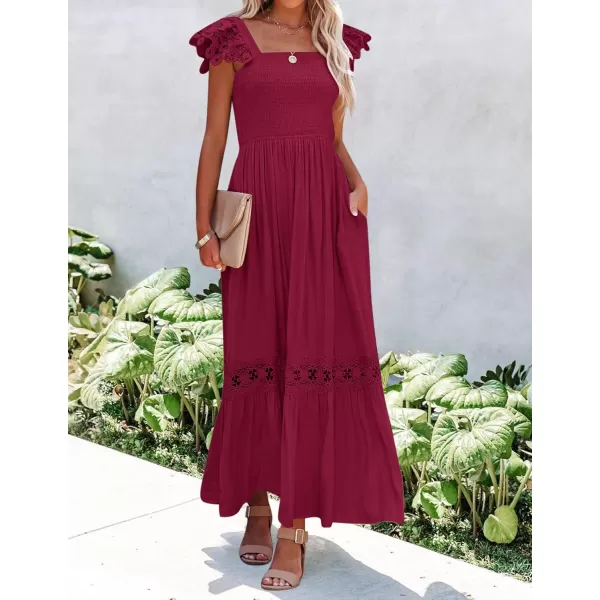 imageZESICA Womens 2024 Summer Lace Strap Sleeveless Square Neck Smocked High Waist Ruffle Hollow Out Flowy A Line Maxi DressWine