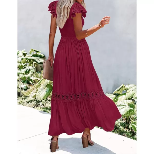 imageZESICA Womens 2024 Summer Lace Strap Sleeveless Square Neck Smocked High Waist Ruffle Hollow Out Flowy A Line Maxi DressWine