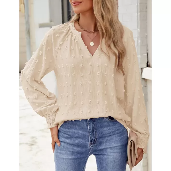 imageZESICA Womens Fall Fashion 2024 Blouses Loose Long Sleeve Business Casual Shirts V Neck Trendy TopsApricot