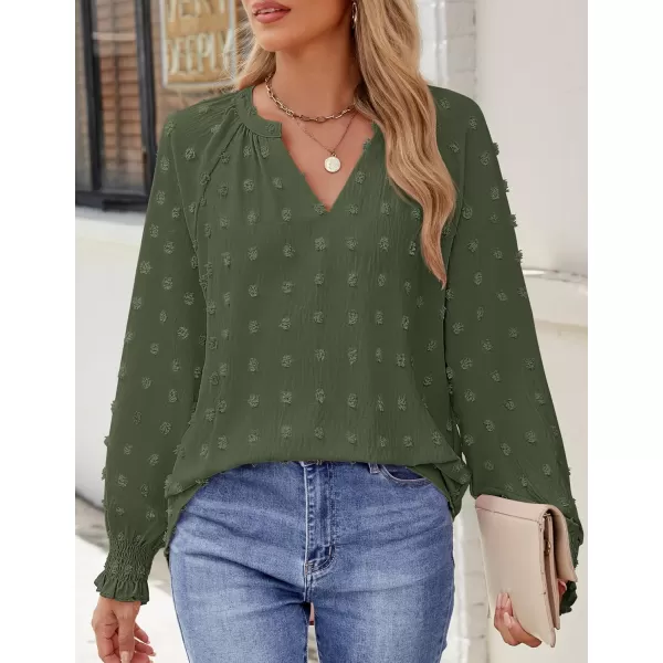 imageZESICA Womens Fall Fashion 2024 Blouses Loose Long Sleeve Business Casual Shirts V Neck Trendy TopsArmy