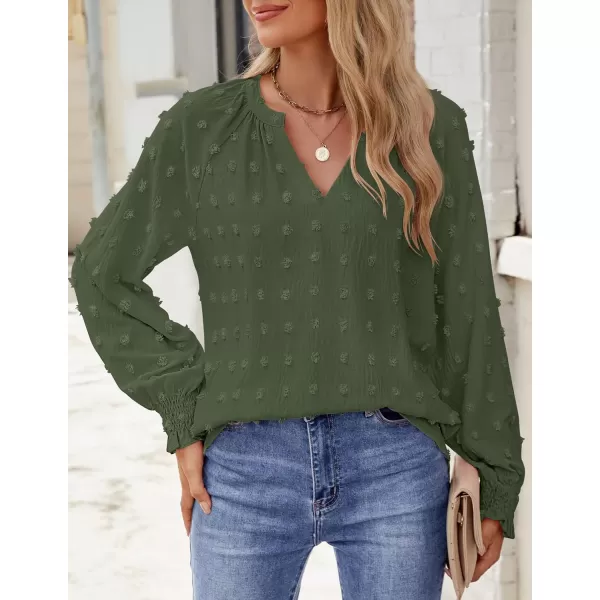 imageZESICA Womens Fall Fashion 2024 Blouses Loose Long Sleeve Business Casual Shirts V Neck Trendy TopsArmy